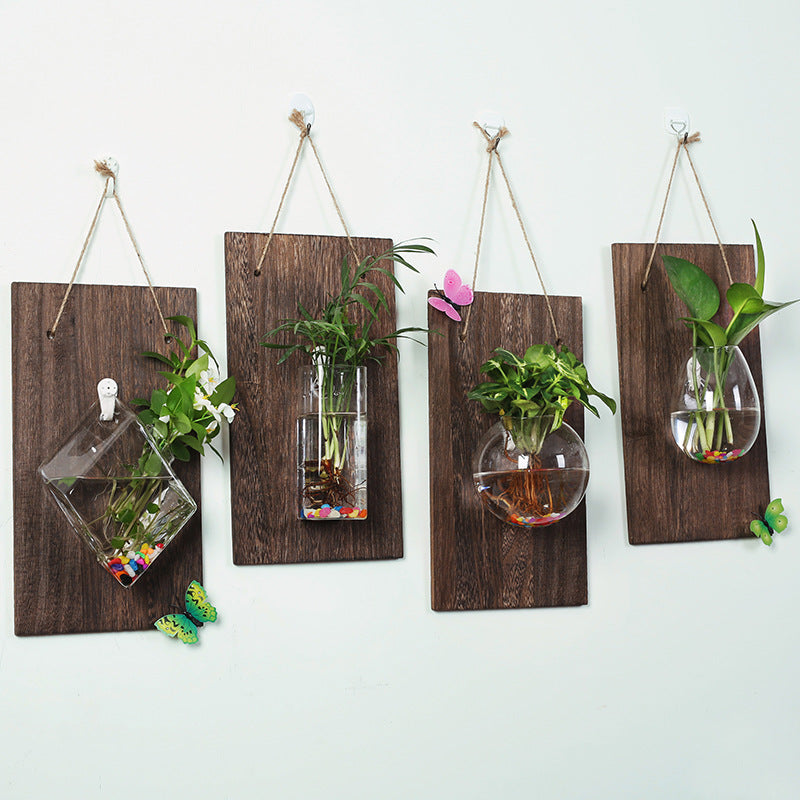 Solid Wood Wall-Mounted Hydroponic Glass Vase