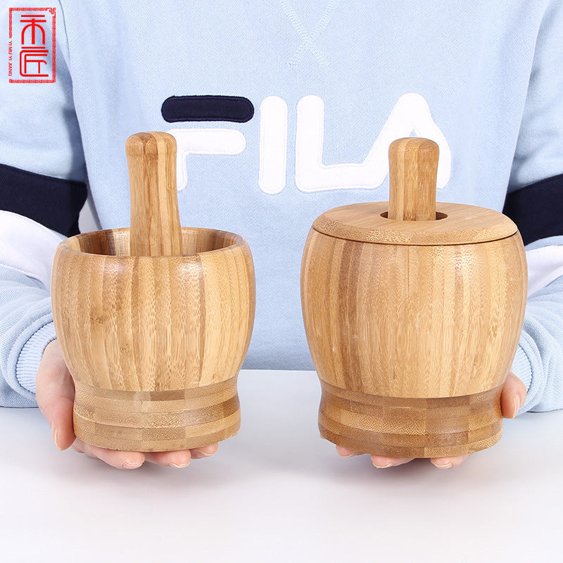Bamboo Garlic Mashing Pot with Lid Kitchen Grinder