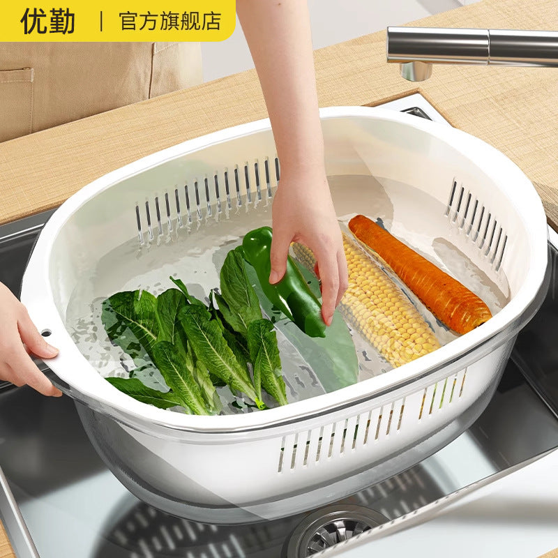 Double Layer Vegetable Washing Basin Drain Basket 8 Piece Set