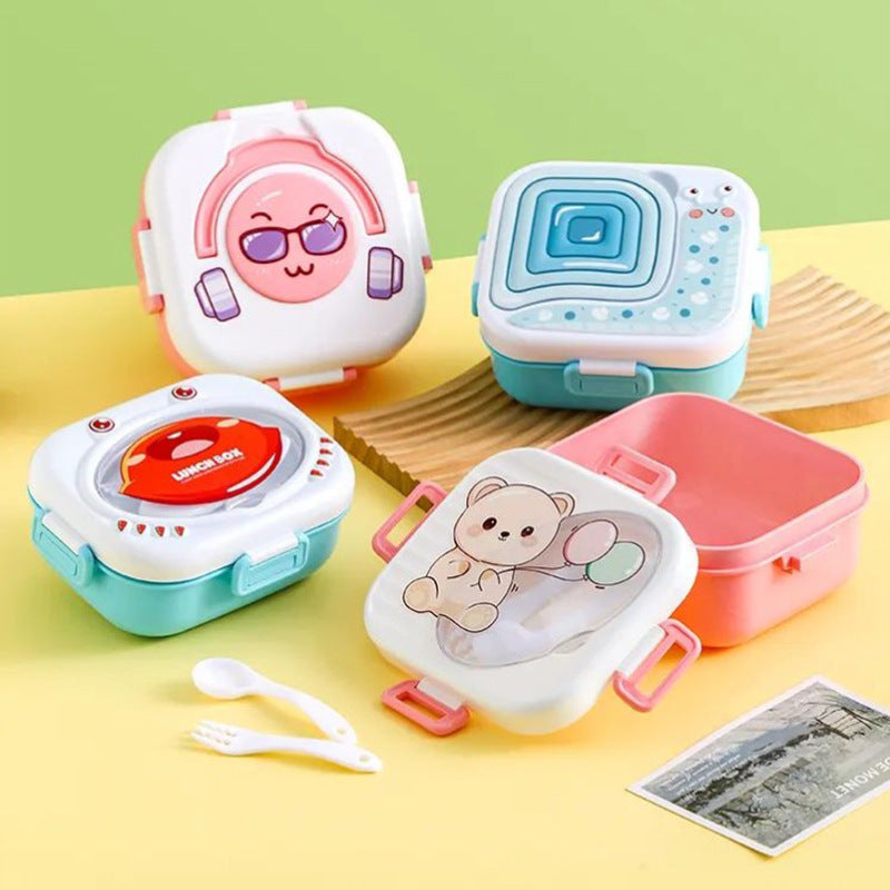 Cartoon Microwaveable Plastic Lunch Box Food Grade Cutlery Set