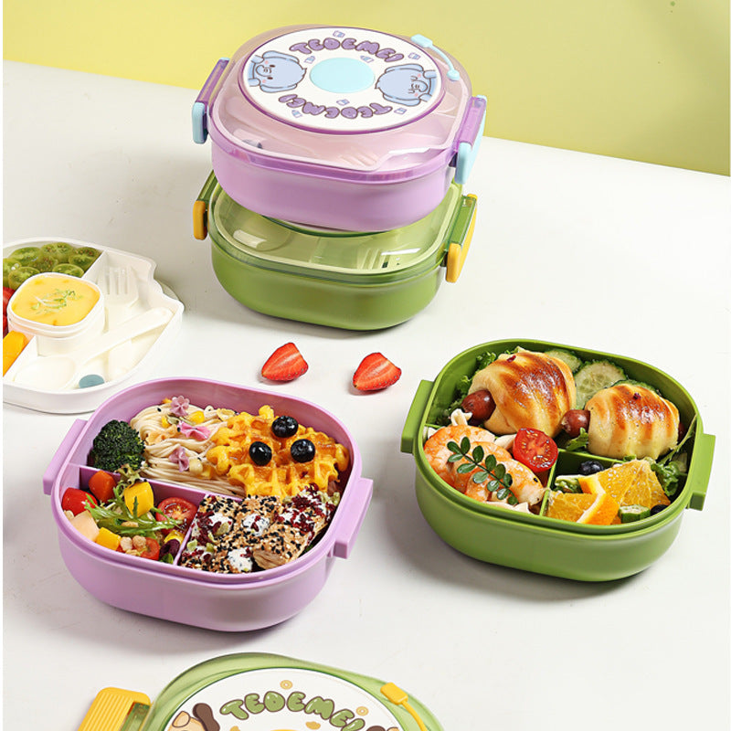 Cute Cartoon Multi Layer Lunch Box With Sauce Box Kids Portable