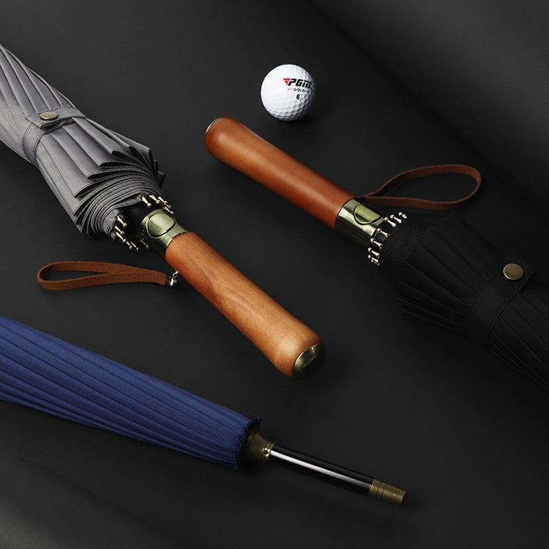 16 Bone Straight Rod Long Handle Umbrella Wooden Grip Bronze