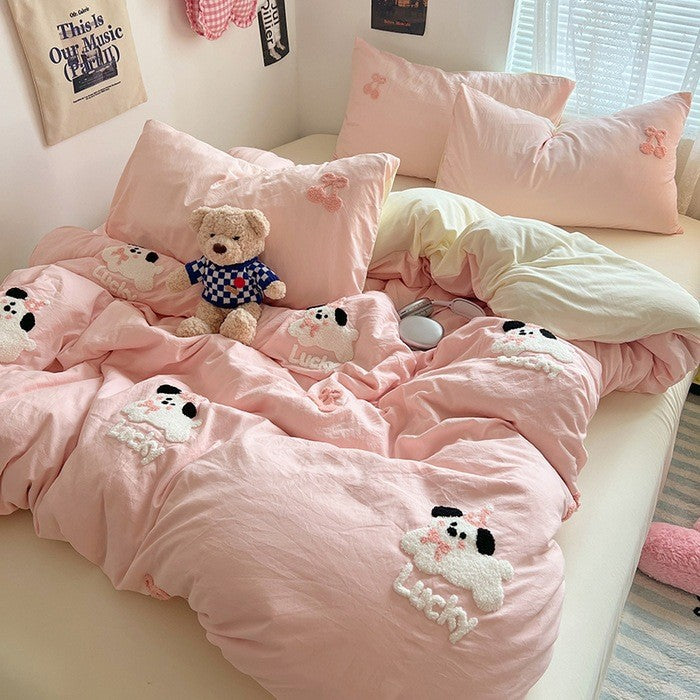 Cartoon Towel Embroidery Class A Washed Cotton Bedding Set