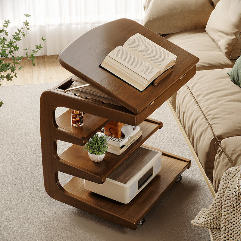 Solid Wood Movable Sofa Side Table with Wheels