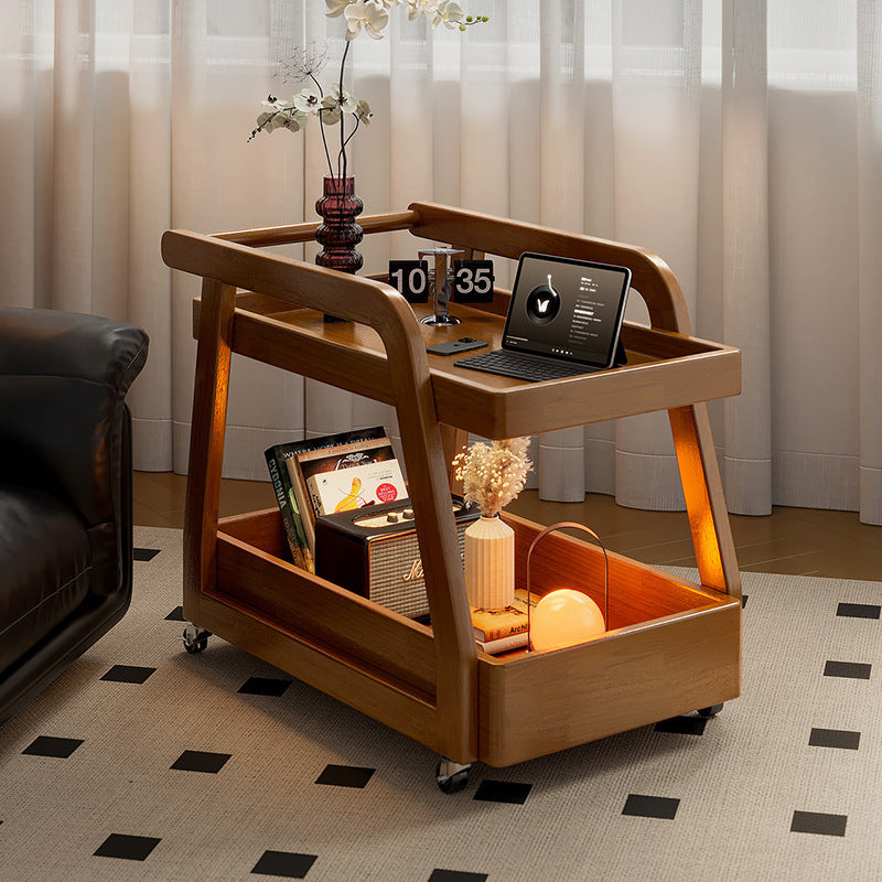 Solid Wood Movable Sofa Side Table with Wheels