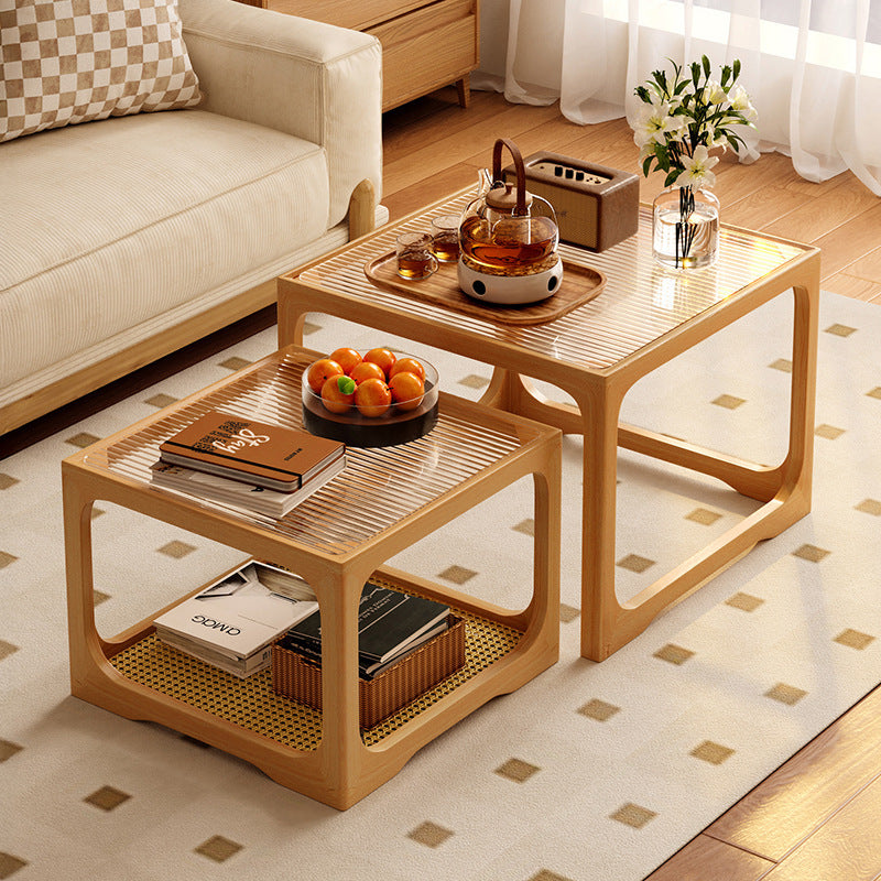 Solid Wood Glass Square Coffee Table with Rattan Detail