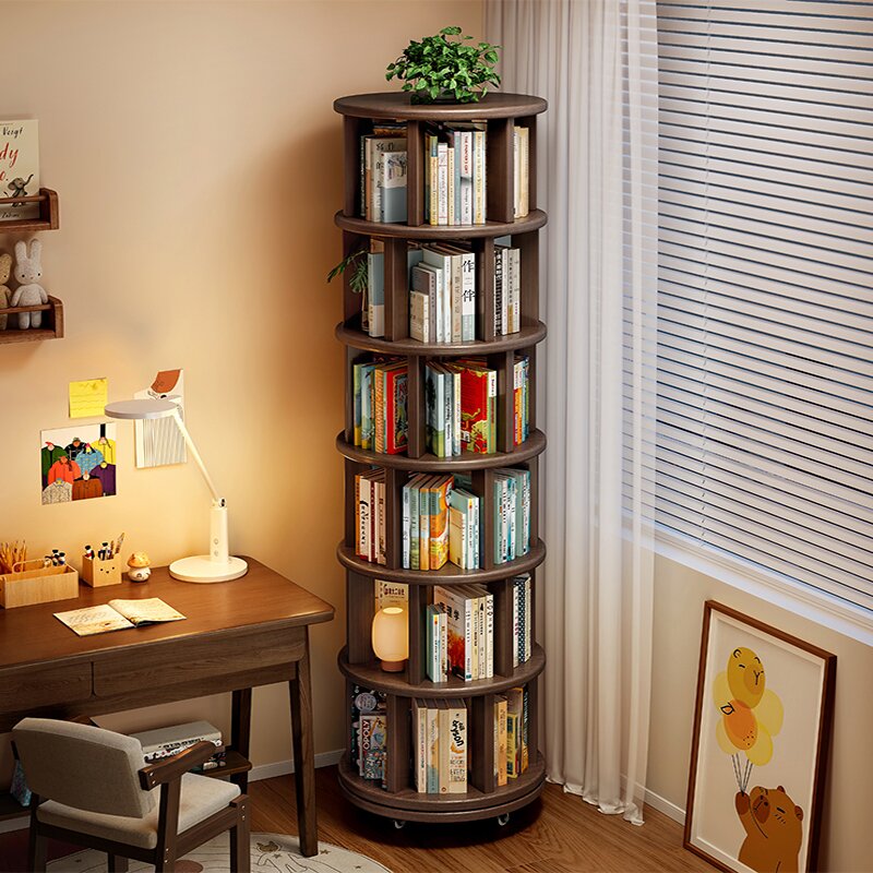 Solid Wood 360° Rotating Floor Bookshelf Storage Rack