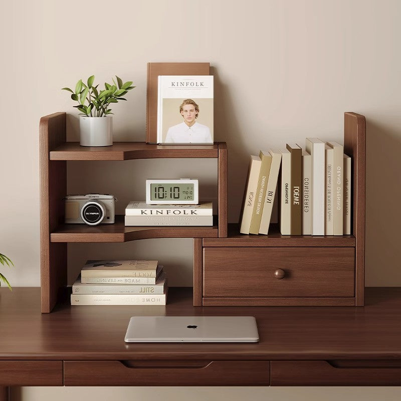 Solid Wood Desktop Bookshelf with Telescopic Storage Rack