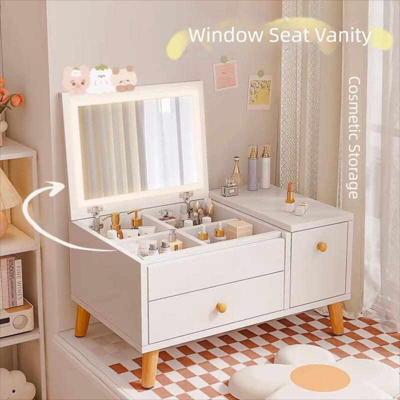 Bay Window Dressing Table with Integrated Storage Cabinet