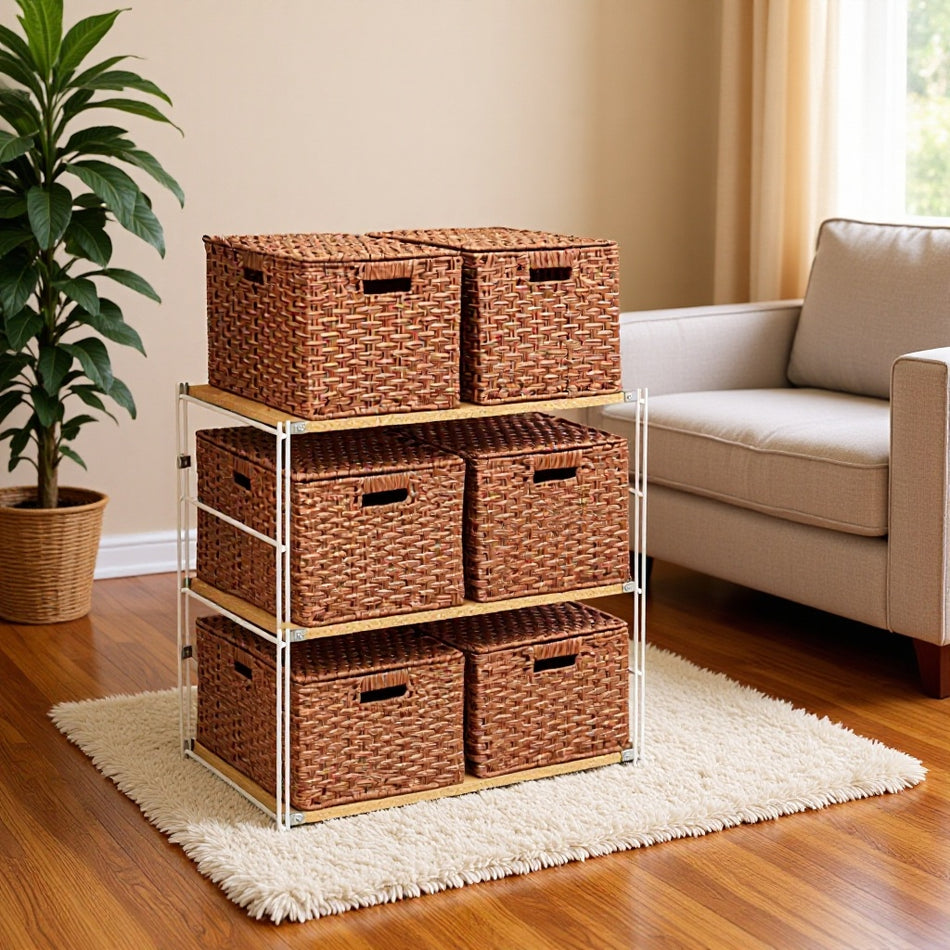 Rattan Style Storage Basket with Lid and Handle Organizer