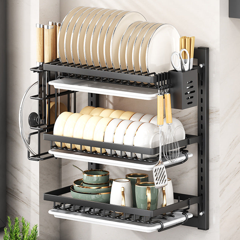 Wall-Mounted Carbon Steel Dish Drying Rack with Drain Tray