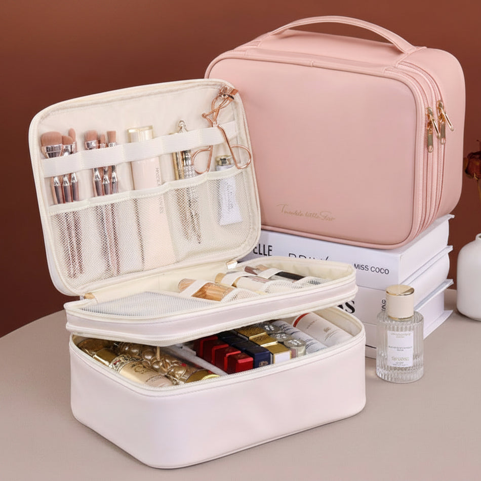 Double Layer PU Cosmetic Bag Large Capacity Travel Organizer 8114