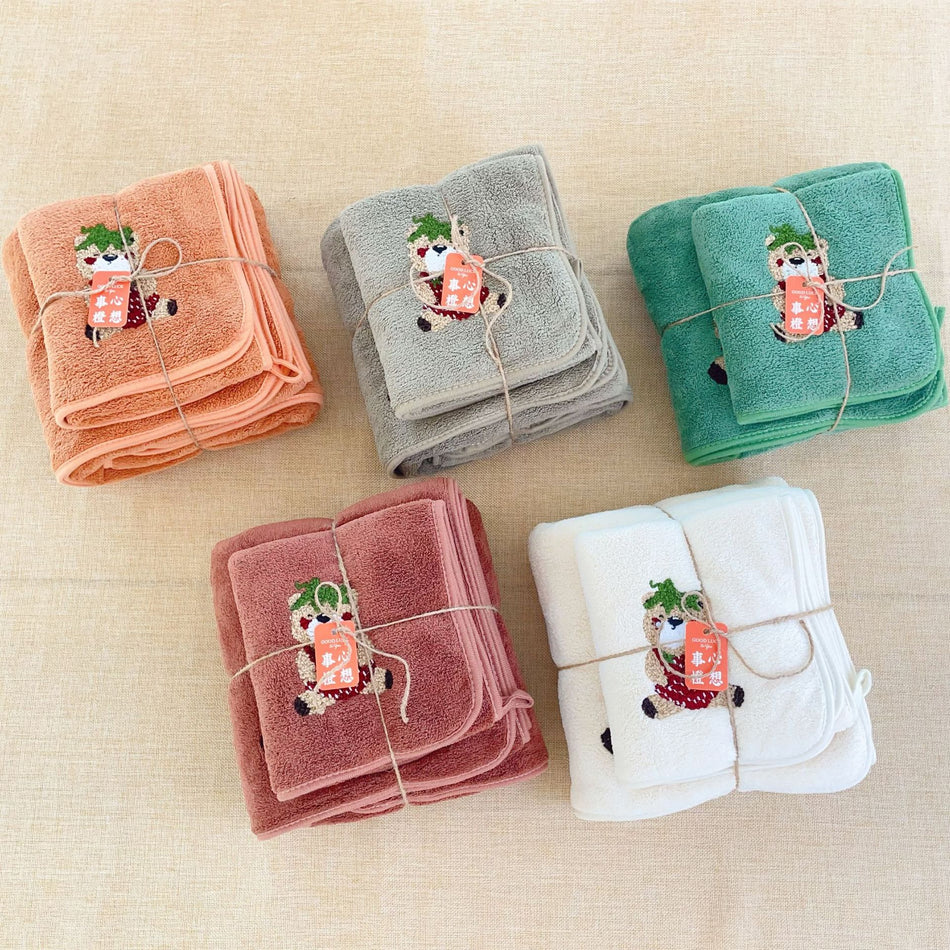 Cute Bear Embroidered Coral Towel Set Thick Absorbent Design
