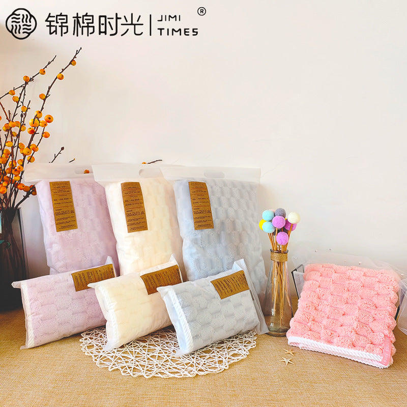 Cloud Grid Coral Velvet Face & Bath Towel Set Lint-Free Salon Use