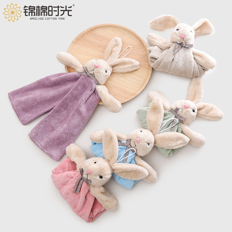 Cute Rabbit Coral Fleece Hand Towel for Kids Kitchen Use Hanging