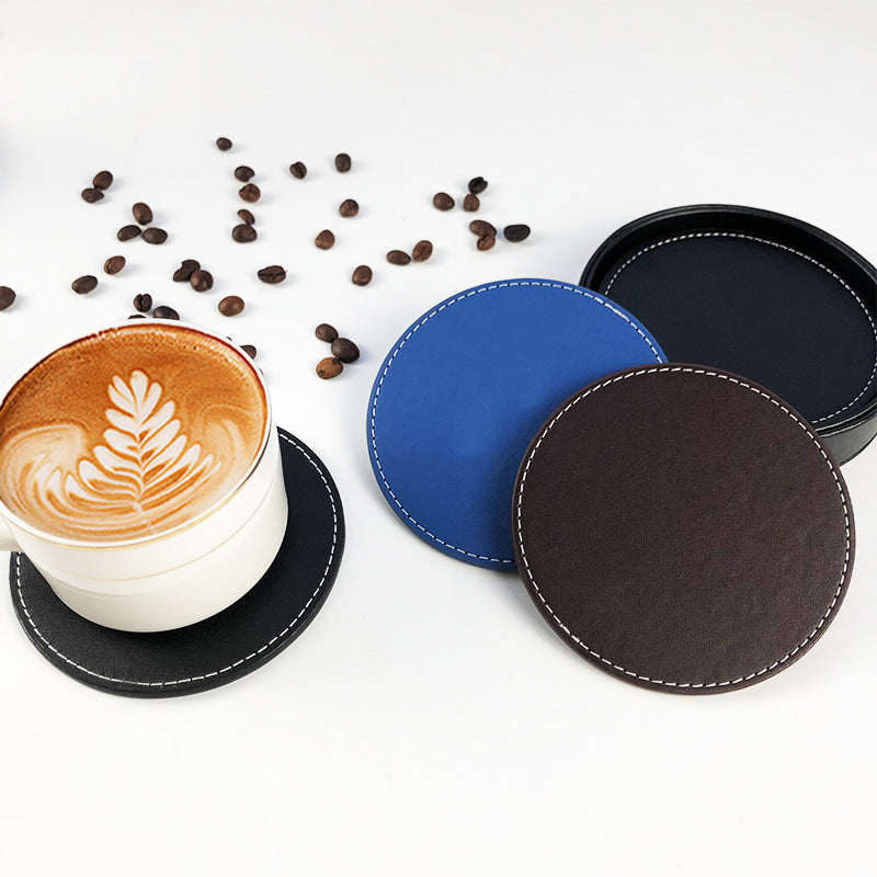 PU Leather Double-Sided Logo Cup Mat Heat Insulation Coaster Set