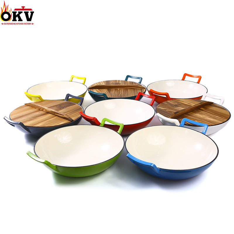 Enamel Cast Iron 36cm Double-Ear Wok with Wooden Lid Universal Cookware