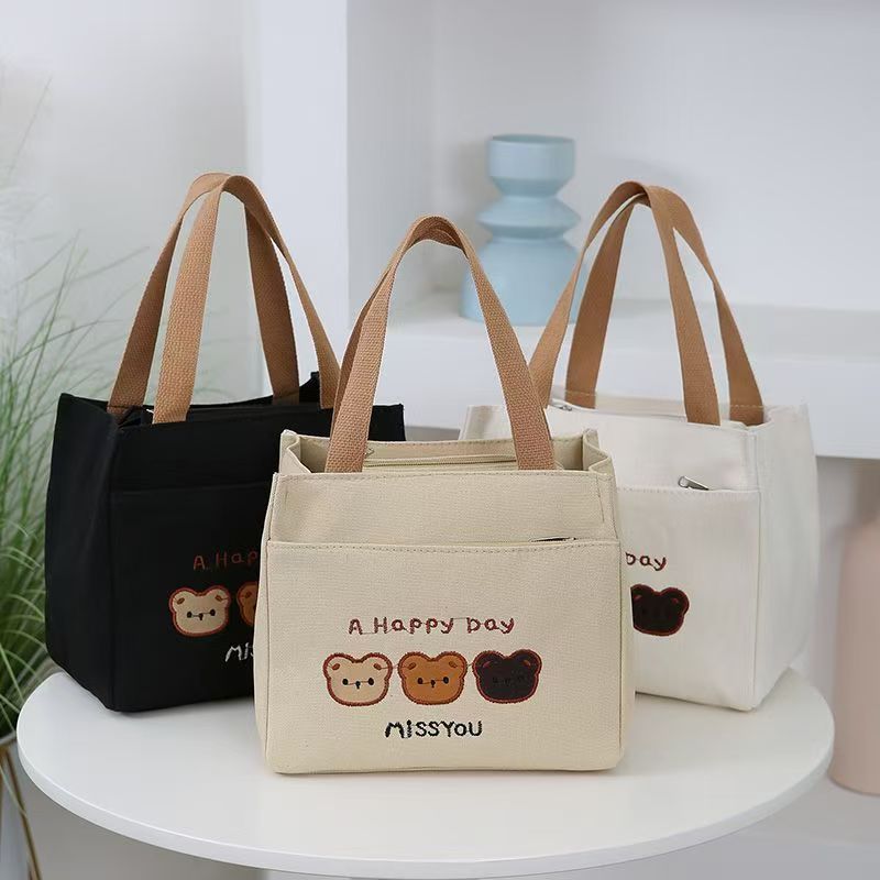 Premium Cartoon Bear Embroidered Canvas Tote Bag & Thickened Insulated Lunch Box