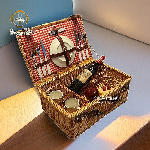 Rattan Woven Picnic Basket with Lid and Tableware Storage Insulated