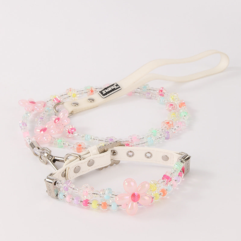 Zircon Pearl Pet Collar and Traction Set for Small Dogs Cats