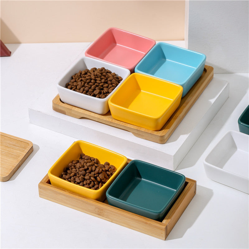 Square Ceramic Cat Bowl with Wooden Tray – Cervical Spine Protection Nepal