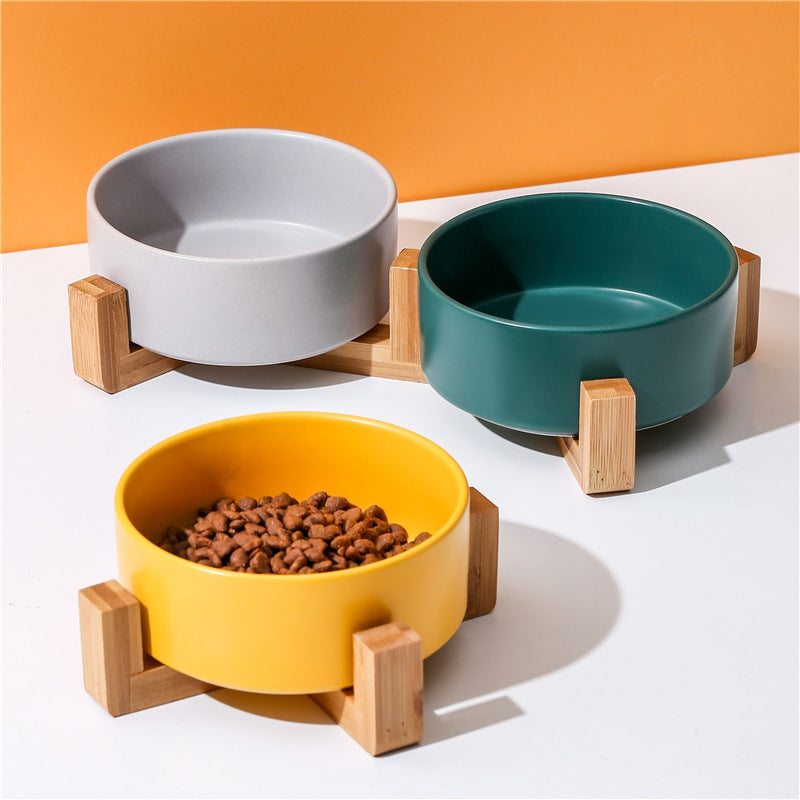 Ceramic Double Pet Bowl with Wooden Stand – Elevated Dog & Cat Bowl Nepal