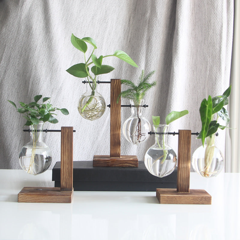 Creative Wooden Frame Hydroponic Vase with Glass Container