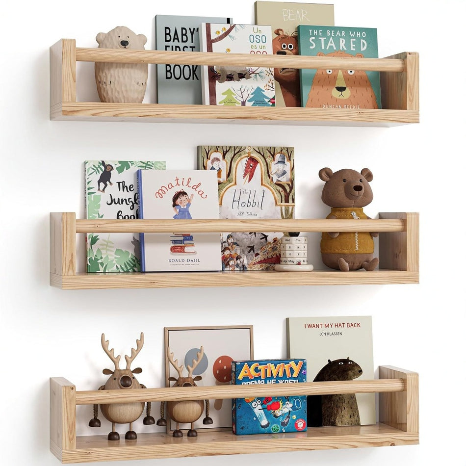 3-Piece Wooden Wall Bookshelf Set – Kids’ Storage