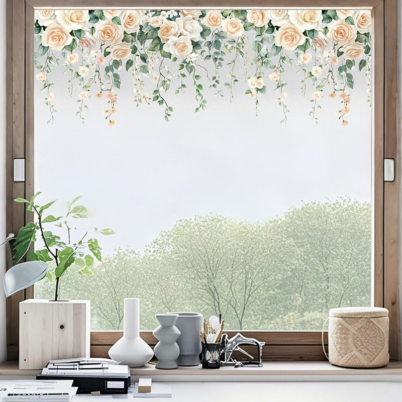 Romantic White Rose Vine Glass Sticker – Wedding Decor