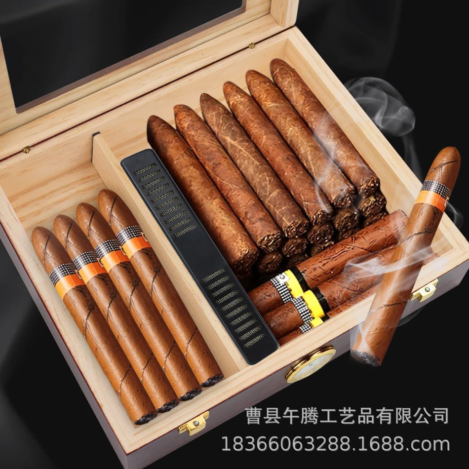 Wooden Cigar Box with Lid Transparent Humidity Display