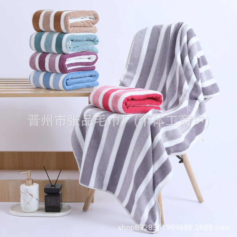Coral Fleece Face & Bath Towel Set – Soft, Wide Stripe Design