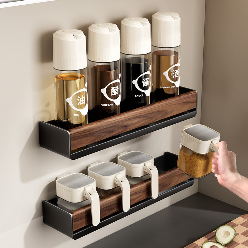 Walnut Wall-Mounted Kitchen Condiment Storage Rack