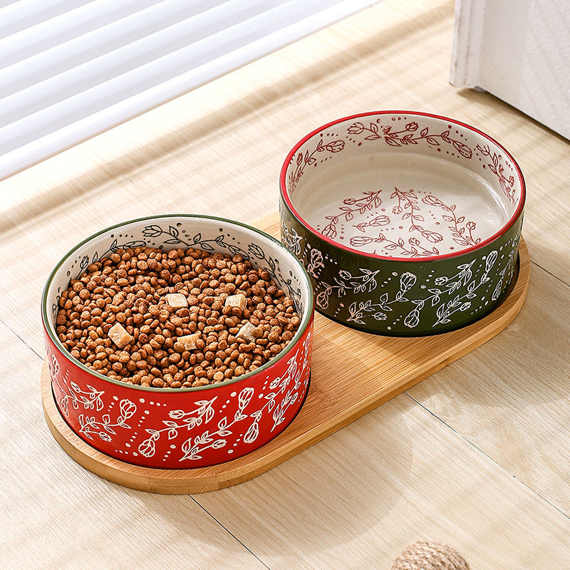 Ethnic Style Ceramic Pet Bowl with Bamboo Tray – Anti-Knock Dog & Cat Bowl
