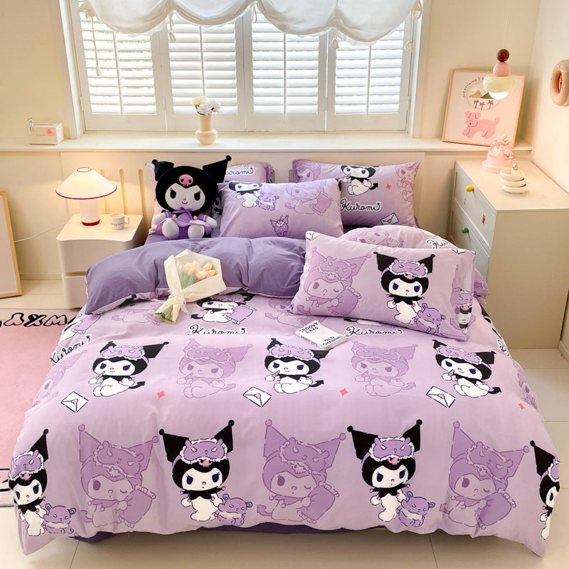 Sanrio Cloud-Washed Cotton 4-Piece Bedding Set with Bed Hat – Cartoon Design for Kids & Students – Wholesale Available