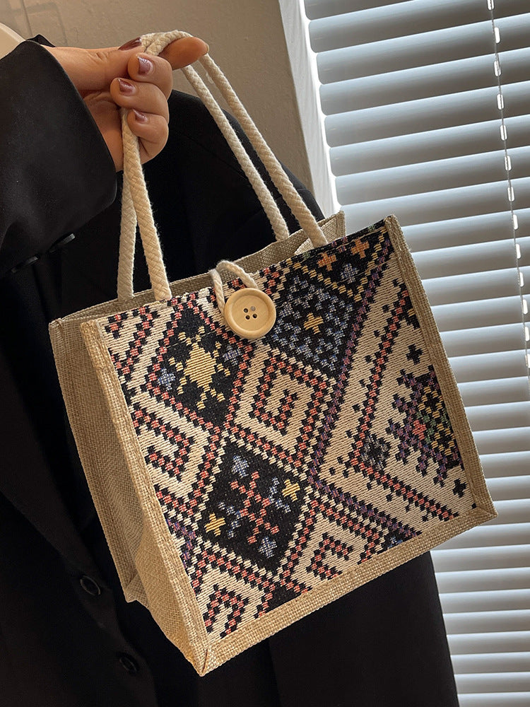 Ethnic Style Linen Canvas Portable Lunch Bag