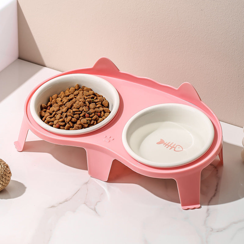 Ceramic Oblique Double Cat Bowl – Cervical Spine Protection Water & Food Bowl Nepal