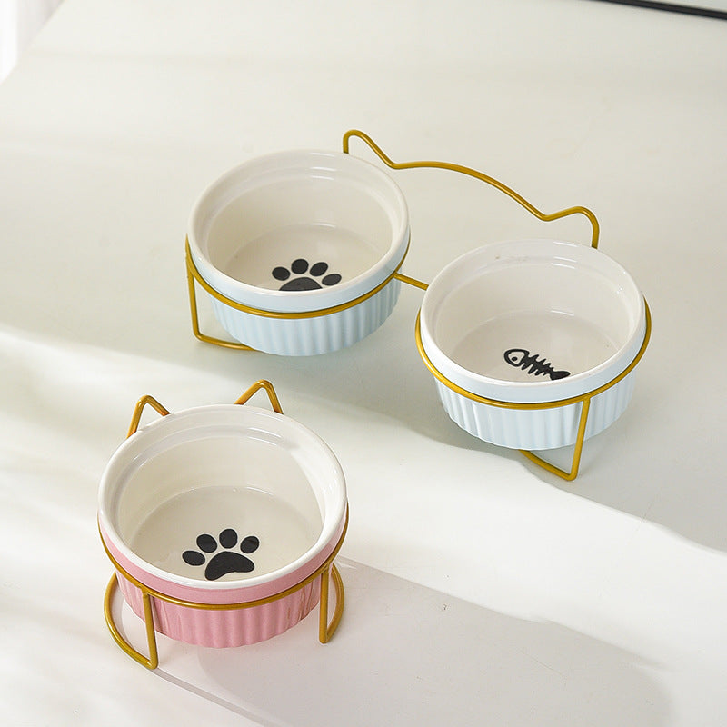 Ceramic Double Cat Bowl with Iron Frame – Tilted Design for Cervical Protection Nepal