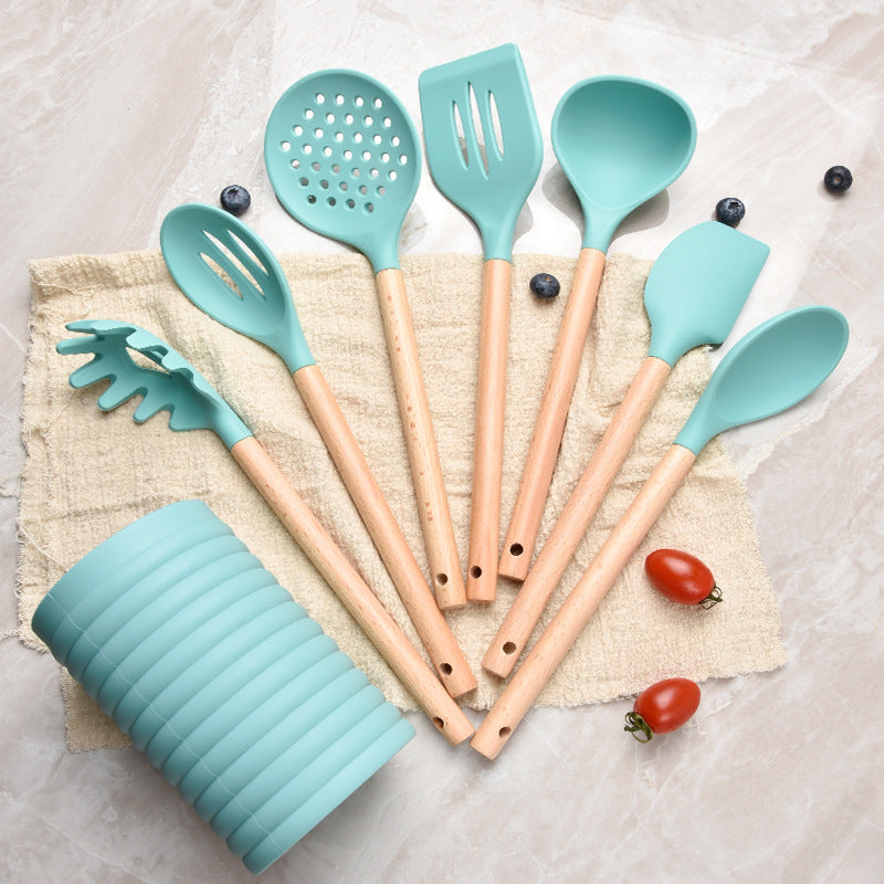 7-Piece Heat-Resistant Silicone Kitchenware Set – Wooden Handle Cooking Spoon & Shovel Tools for Home Use | Free Shipping in Nepal