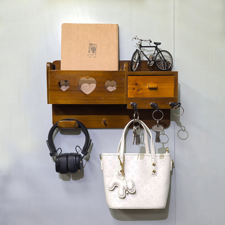 Wooden Wall Key & Mail Organizer with Hooks