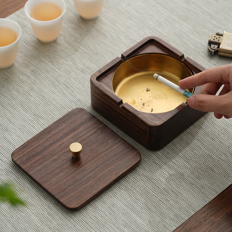 Walnut Ashtray with Lid – Stainless Steel Inner, Stylish & Fly-Proof