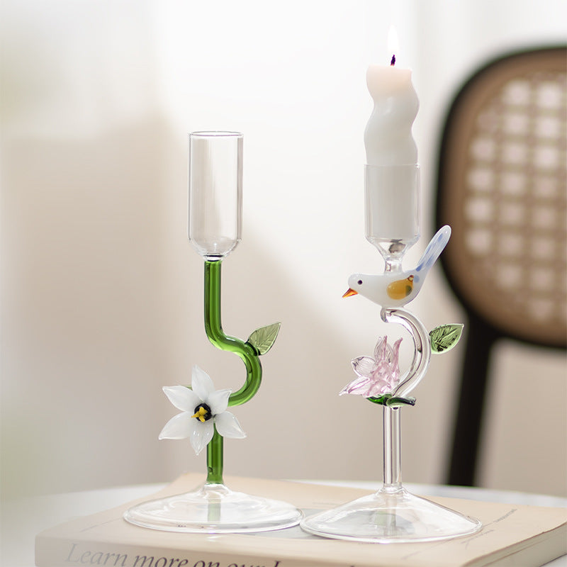 Creative Glass Candle Holder Pink Flower & Bird Luxury
