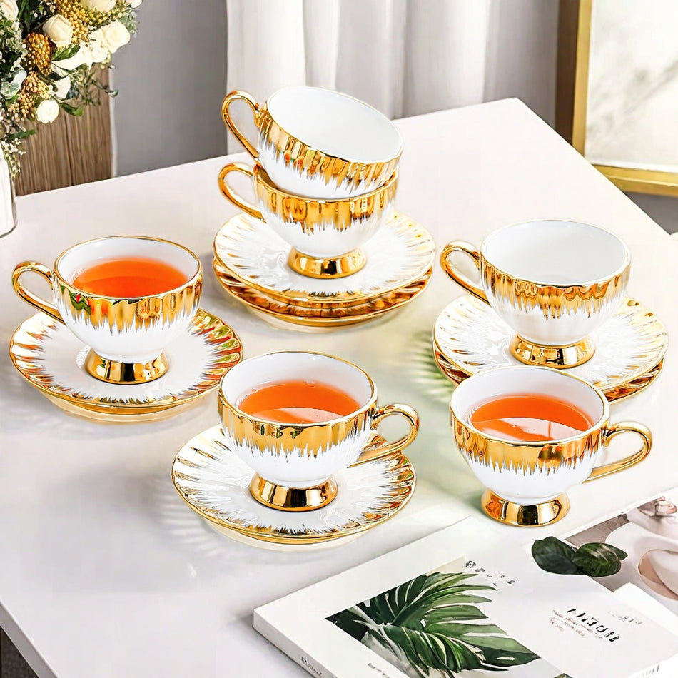 European Gold-Rimmed Ceramic Cup & Saucer for Tea & Coffee