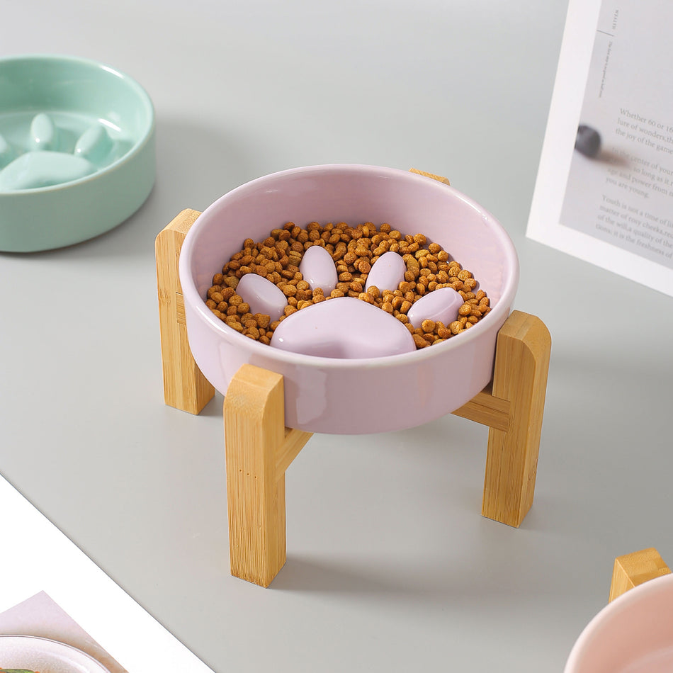 Cream Cat Claw Slow Eating Bowl with Bamboo Frame – Anti-Choke Pet Bowl Nepal
