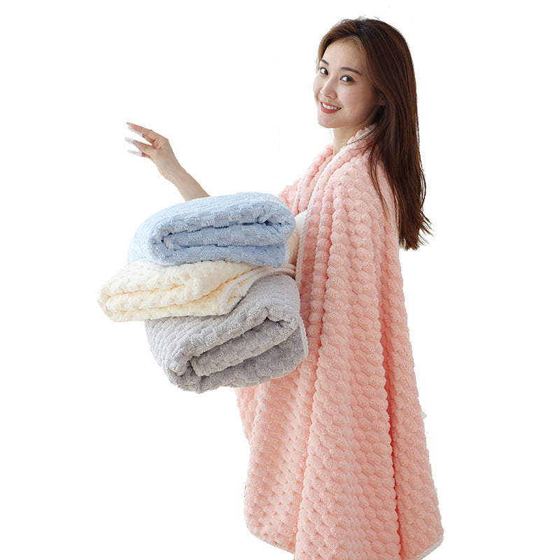 Coral Velvet Plaid Bath Towel & Shower Cap Set – Thickened