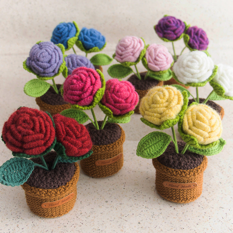 Wool Crocheted Artificial Rose Potted Bouquet