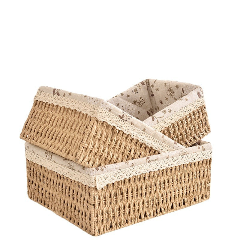 Woven Storage Basket with Lid | Rattan-Style Desk Organizer