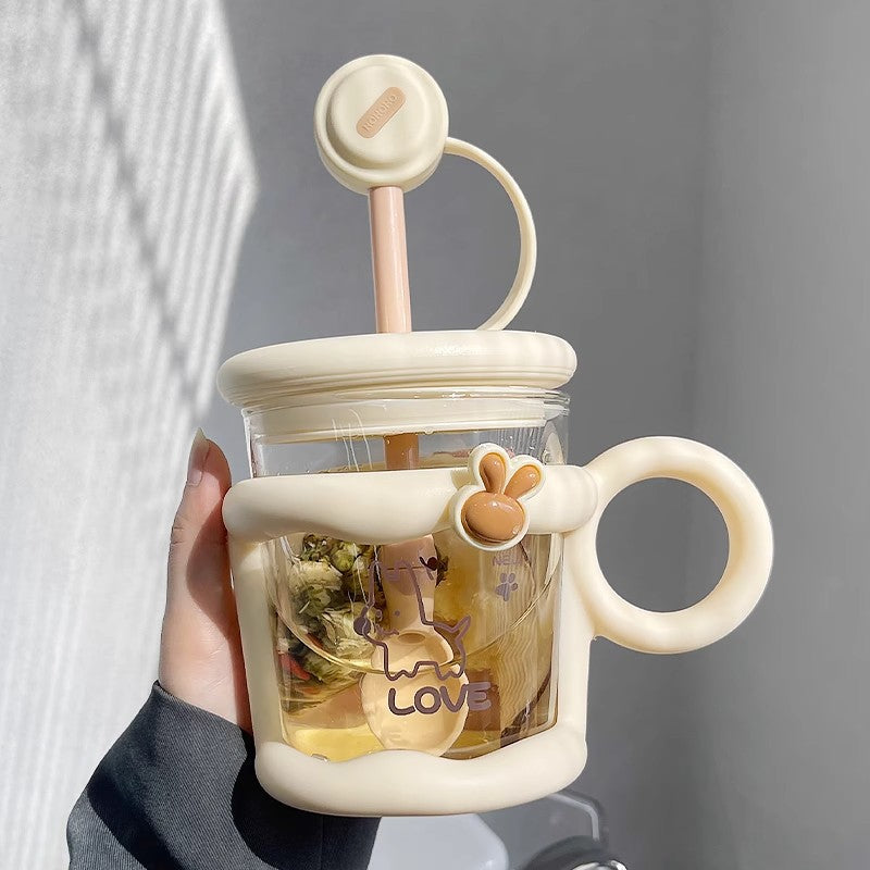 Cute Glass Mug with Straw, Spoon & Lid – Heat Resistant