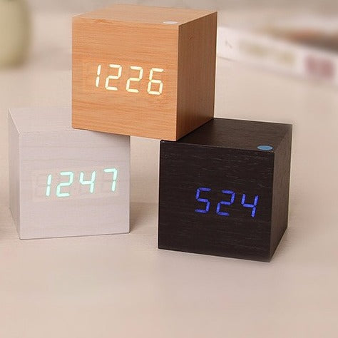 Smart Wooden Digital Alarm Clock Multifunction Square Display