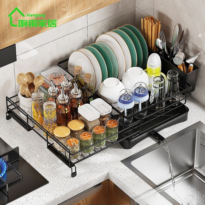 Extendable Sink Dish Rack with Drain Basket