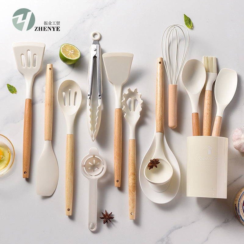 14-Piece Lightweight Silicone Kitchen Utensil Set – 750g Wooden Handle Cooking Spatula & Spoon Tools for Modern Nepali Homes